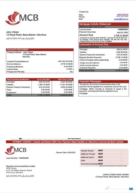 Download Mauritius Commercial Bank Limited mortgage statement Word and PDF template Photoshop template